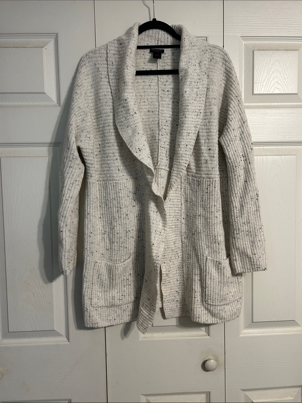 ANN TAYLOR Large Cream Speckled Shawl-Collar Open Cardigan Long Length Wool